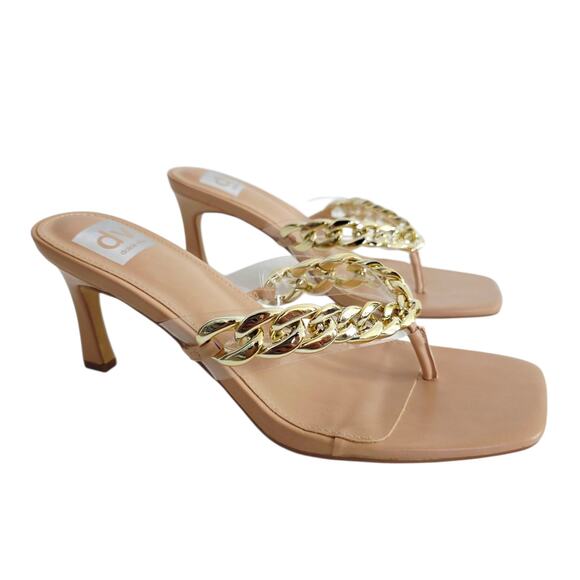 Dolce Vita Tan & Gold Player Chain Slide Thong Sandal Heels Size 9.5 - Picture 4 of 8